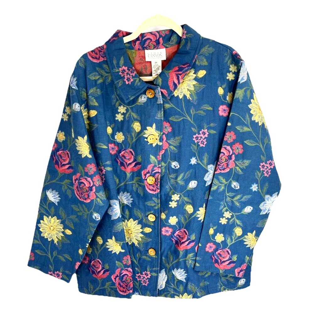 New Cedar Canyon Womens Blue Floral Tapestry Jacket Size 2X MadeIndia Button QVC